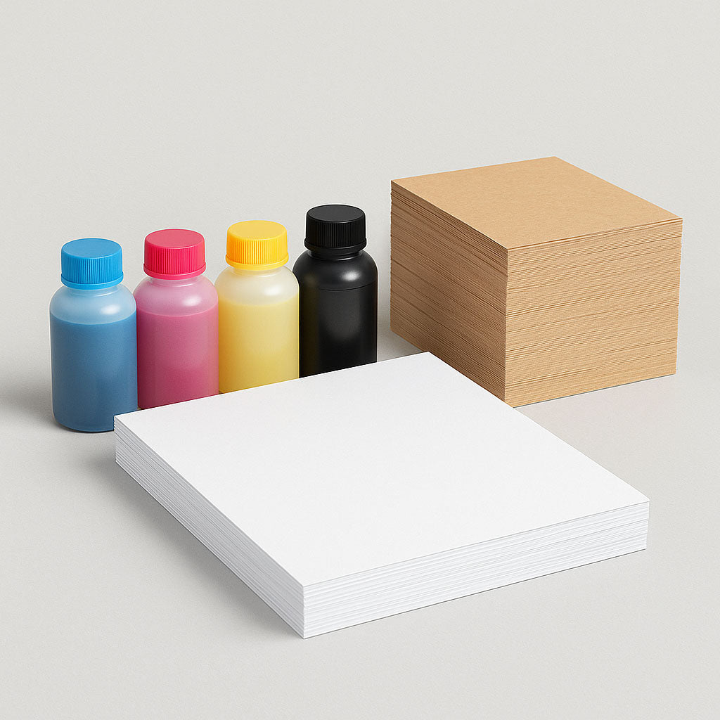  CMYK ink bottles with stacks of white and kraft printing paper – Printava UAE