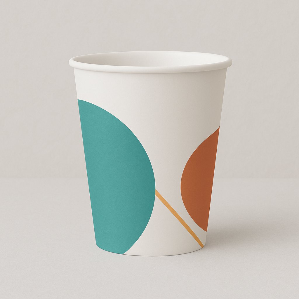  Custom disposable paper cup with modern geometric design on white background – Printava UAE