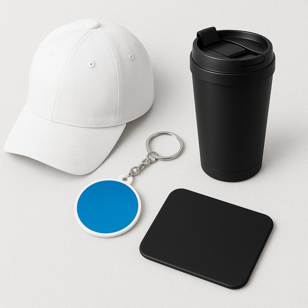 Collection of promotional items including a white cap, black tumbler, keychain, and badge – part of Printava’s branded gift collection.