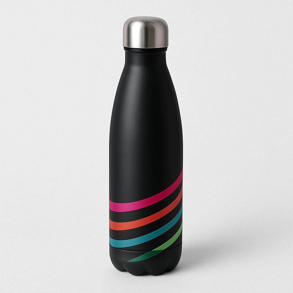 Matte black stainless steel bottle with colorful stripe accents – part of Printava’s promotional bottles collection.