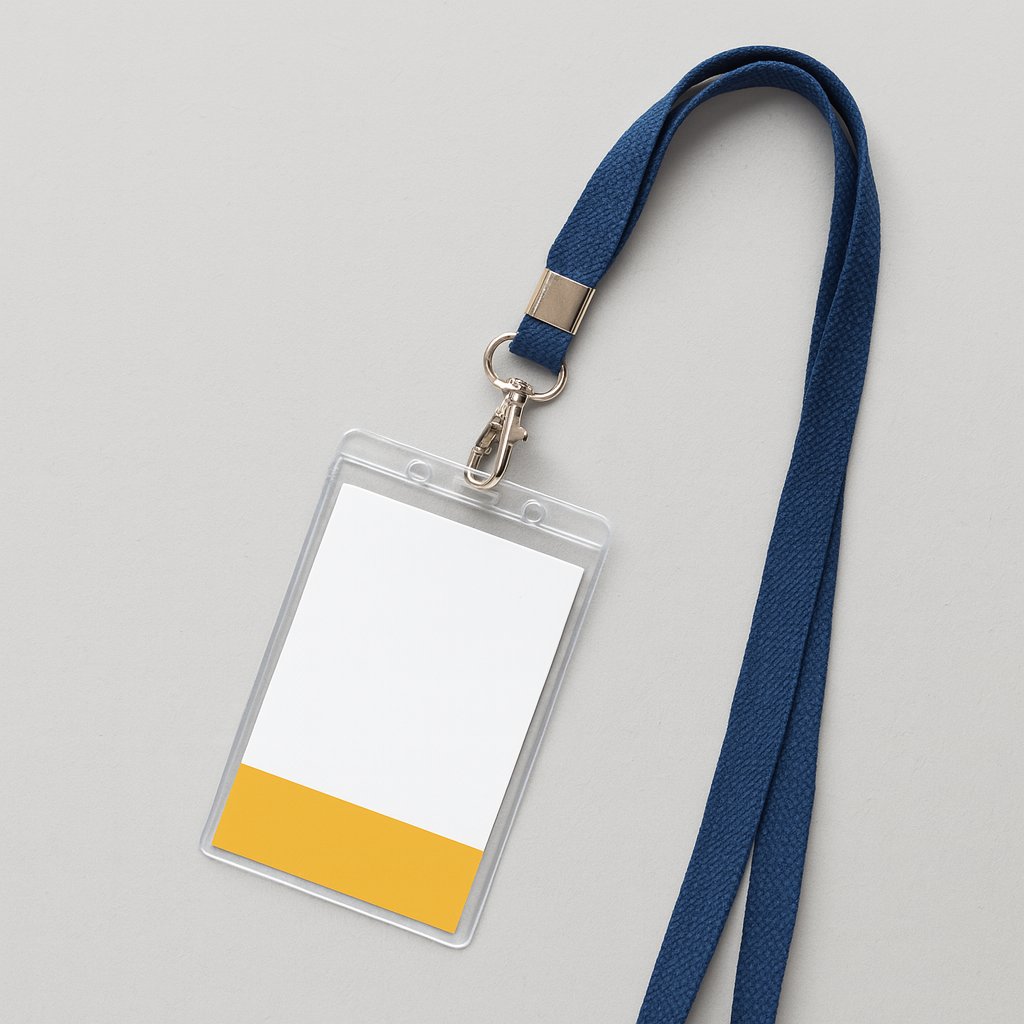 Custom identification badge with a blue lanyard on a light gray background – part of Printava’s professional branding and accessories collection.