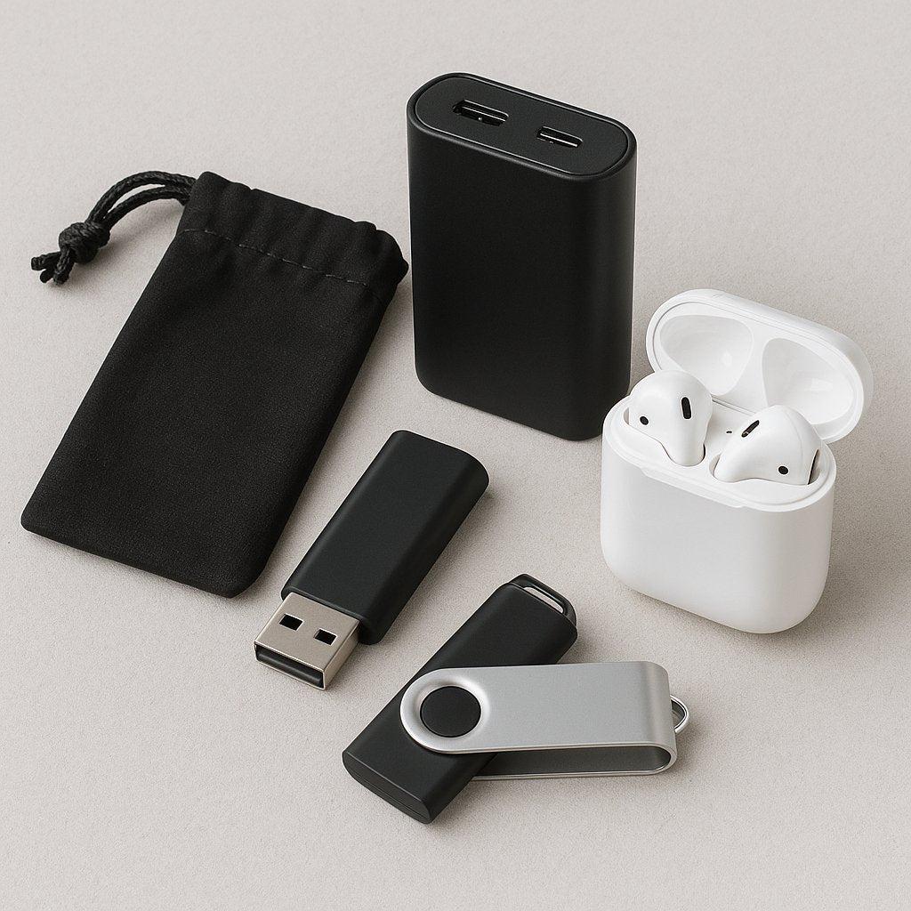 Set of promotional tech gifts including wireless earbuds, power bank, USB drives, and pouch – part of Printava’s technology gift collection.