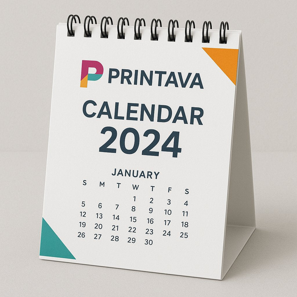  Custom printed 2024 desk calendar with Printava branding – spiral-bound design