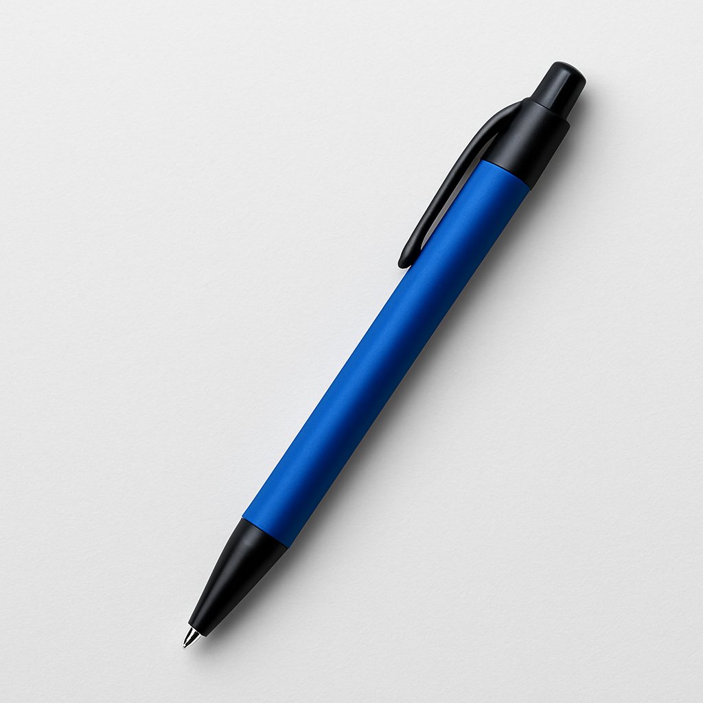  Retractable blue ballpoint pen with black clip and tip, displayed on a light gray background – part of Printava’s promotional pens collection.