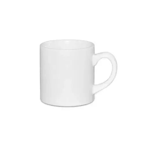 Plain 6oz small white sublimation mug with ergonomic handle, perfect for custom printing and use in home and garden kitchen drinkware.