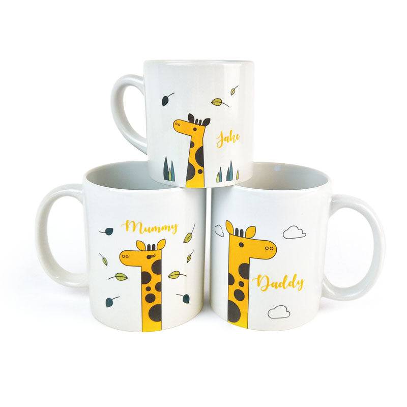 Set of three 6oz small white sublimation mugs with custom giraffe designs labeled Mummy, Daddy, and Jake, ideal for personalized family gifts.