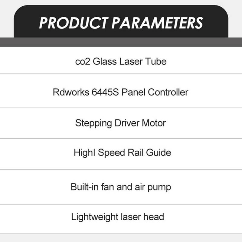 Key specifications of CO2 Laser Engraving Cutting Machine 6040, including high-speed rail guide, fan, air pump, and lightweight laser head.