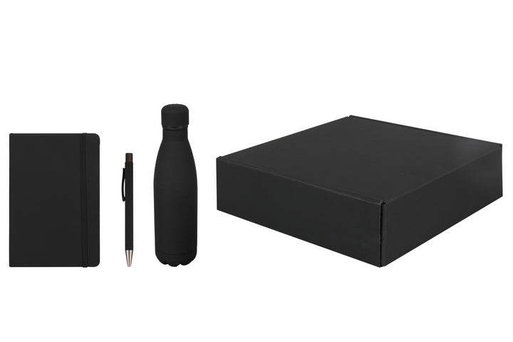 Black gift box with stainless bottle, notebook, and pen