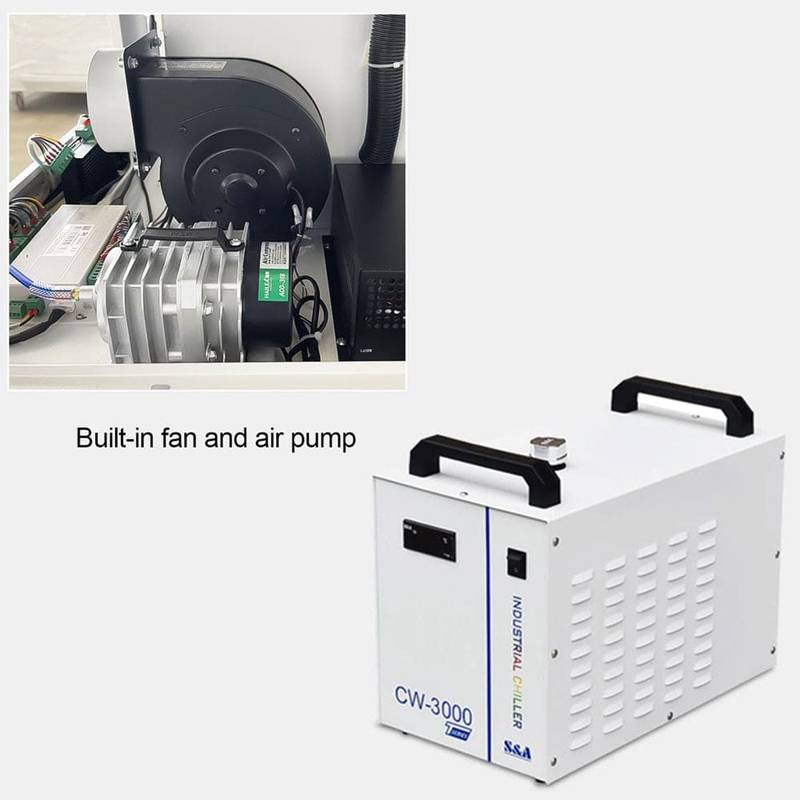 Built-in fan and air pump with CW-3000 water chiller for CO2 Laser Engraving Cutting Machine 6040, ensuring efficient cooling and operation.