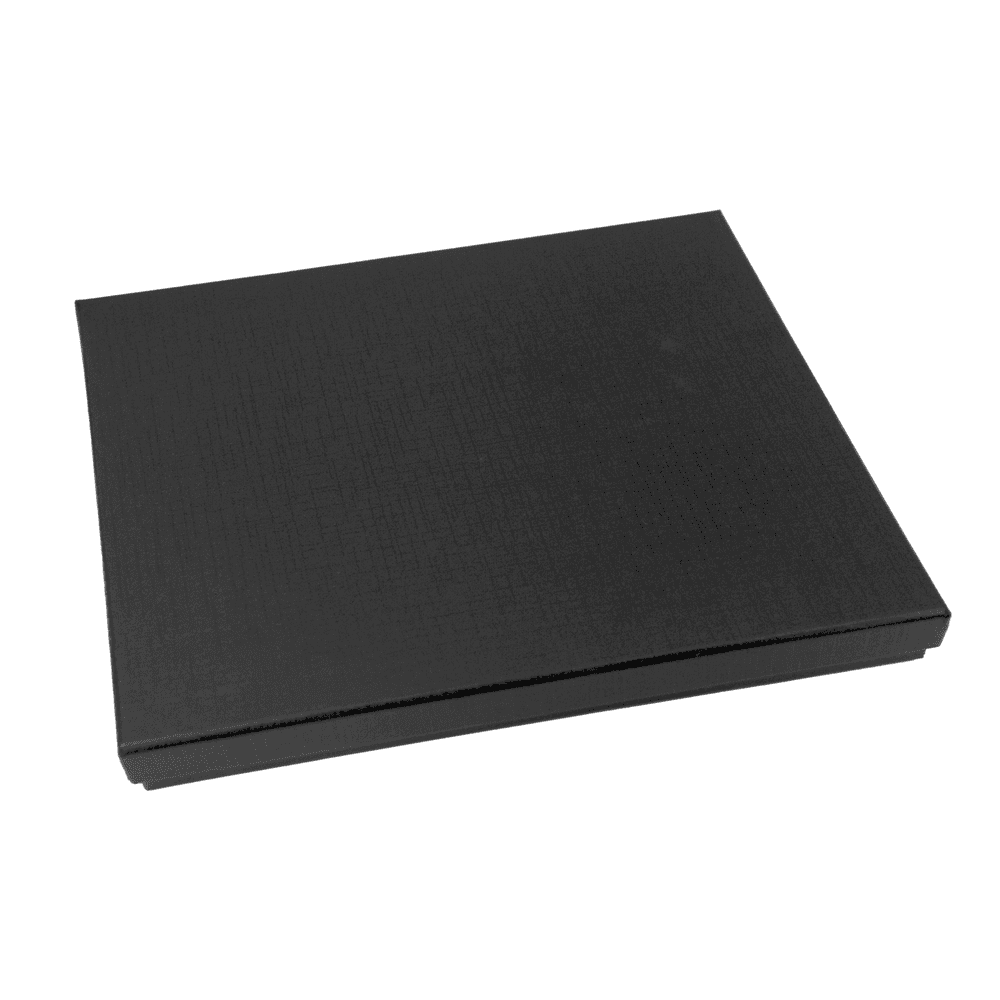 Closed black gift box with textured finish, packaging for the corporate gift set notebook bottle pen USB card holder keychain.