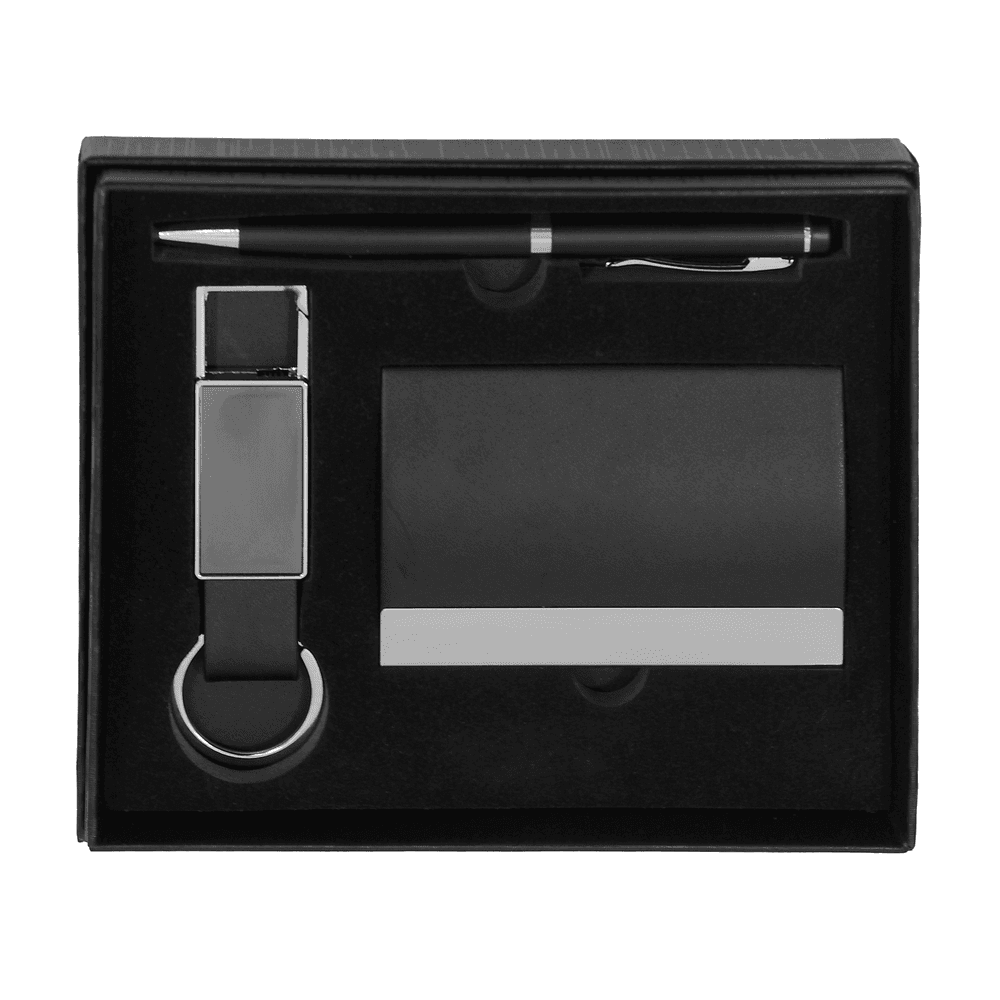 Elegant Corporate Gift Set with black and silver pen, card holder, and keychain in a stylish presentation box. Great for executive gifting.