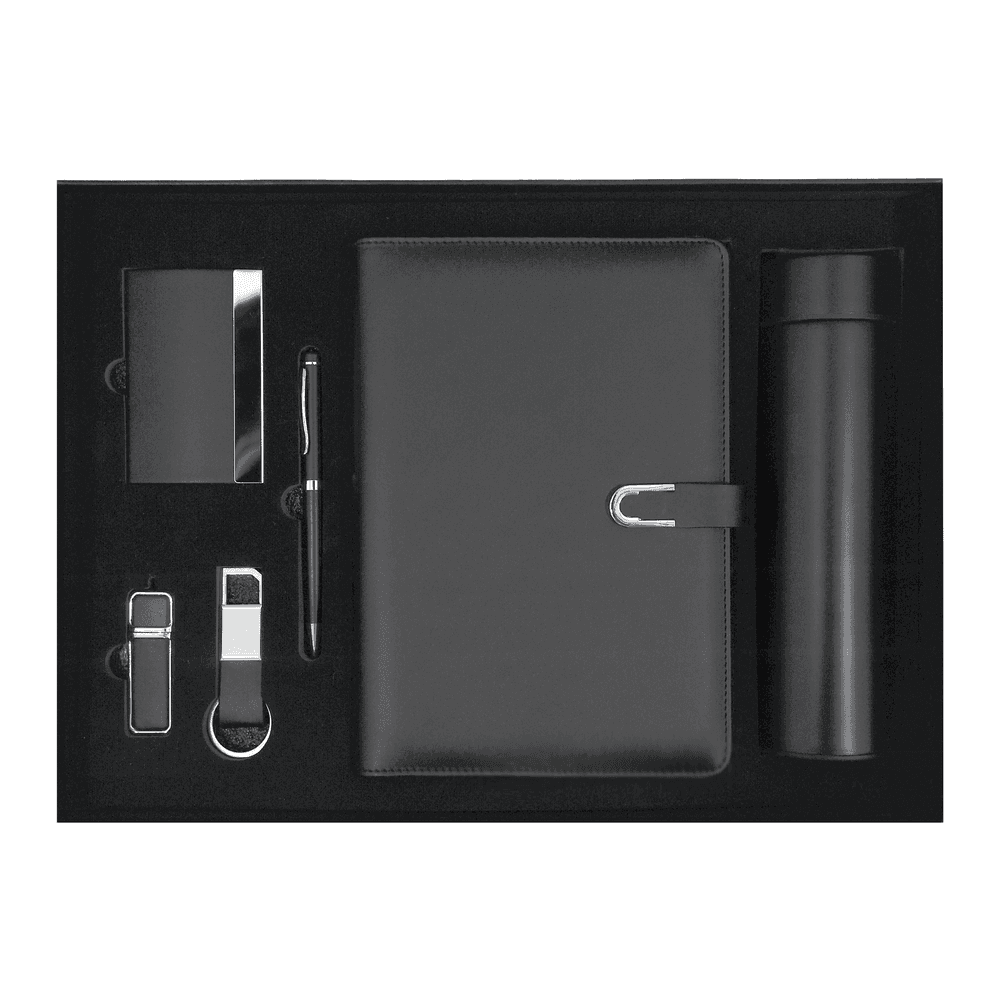 Corporate gift set notebook bottle pen USB card holder keychain in black presentation box, ideal for executive gifting and branding.