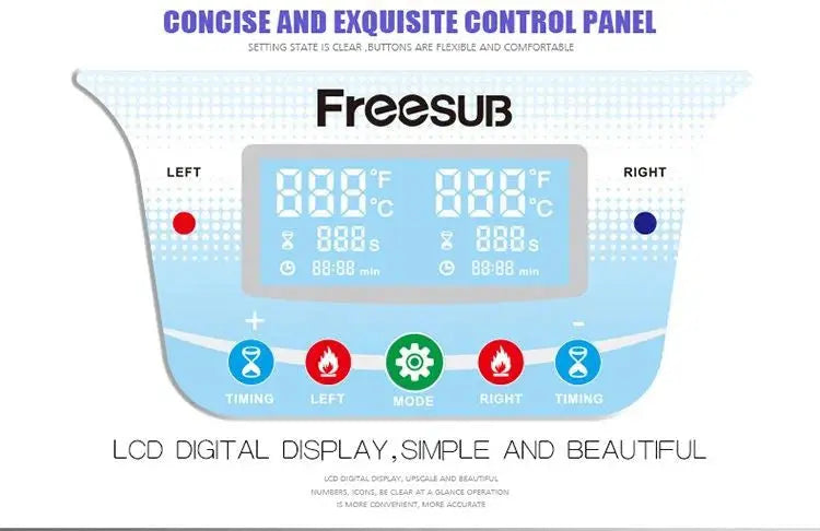 Close-up of LCD digital control panel on Double Station Heat Press Sublimation Machine ST-210 with dual temperature and timer settings.