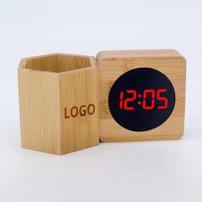 Bamboo Pen Holder Clock - Stylish and Eco-Friendly Organizer featuring customizable logo space and digital LED clock for office desks.