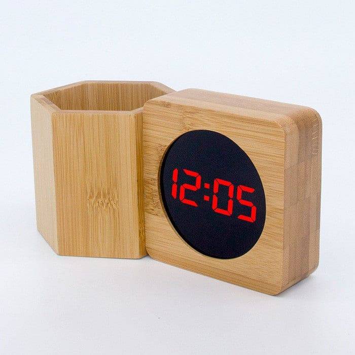 Bamboo Pen Holder Clock - Stylish and Eco-Friendly Organizer with red LED display and natural bamboo finish for elegant desk decor.