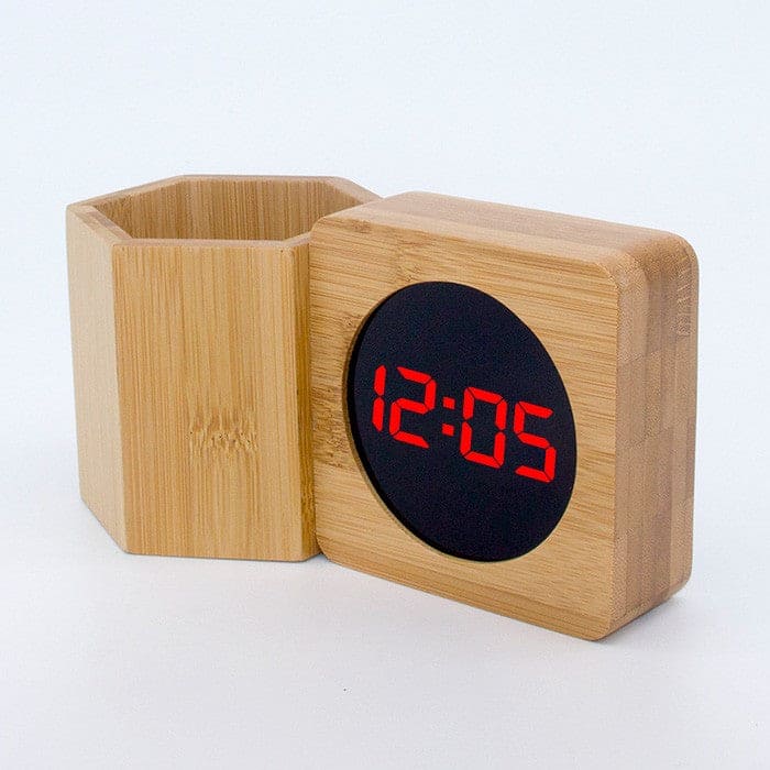 Bamboo Pen Holder Clock With LED Clock