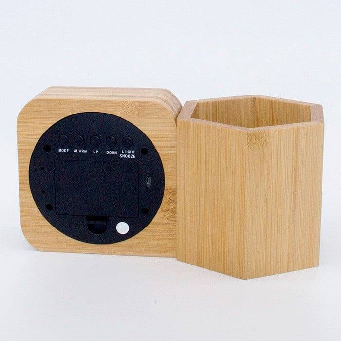 Bamboo Pen Holder Clock - Stylish and Eco-Friendly Organizer showing back panel with control buttons and battery compartment.