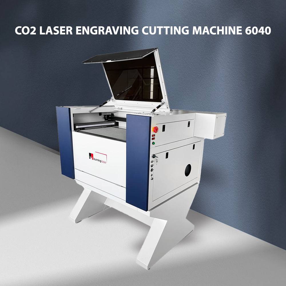 Angled view of CO2 Laser Engraving Cutting Machine 6040 with open lid, highlighting its modern design and 80W laser power for versatile material use.