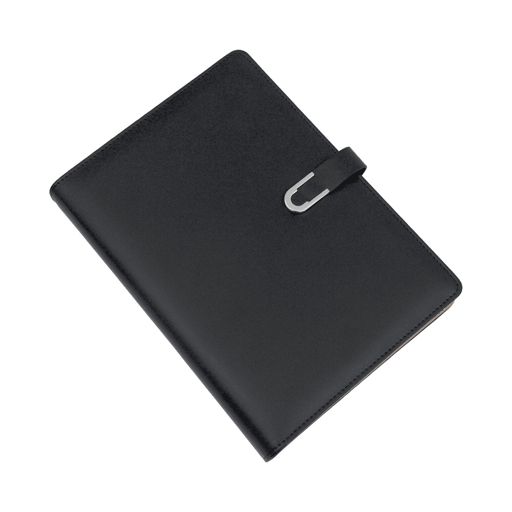 Premium black leatherette notebook with magnetic clasp, included in the corporate gift set for business meetings and note-taking.