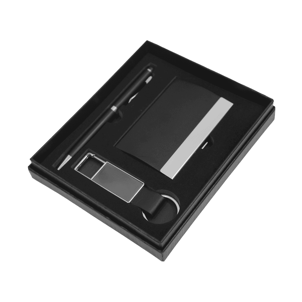 Angled view of Corporate Gift Set showcasing premium pen, card holder, and keychain in a black gift box. Ideal for client appreciation gifts.