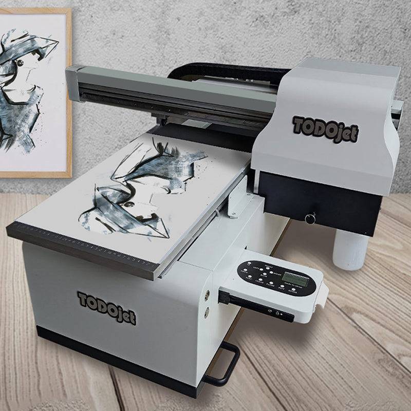TODOjet UV 3050 A3 Digital UV Flatbed Printer printing detailed artwork, ideal for custom designs on flat surfaces like canvas or wood.