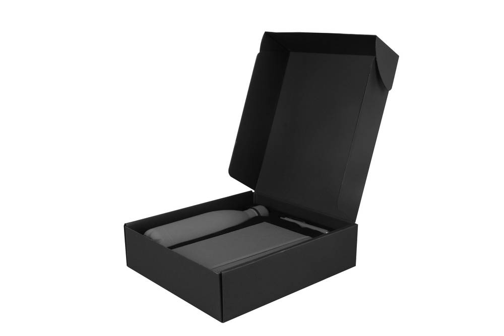 Gray Corporate Gift Set - Stylish Bottle, Notebook, and Pen in a black gift box, ideal for professional and corporate giveaways.