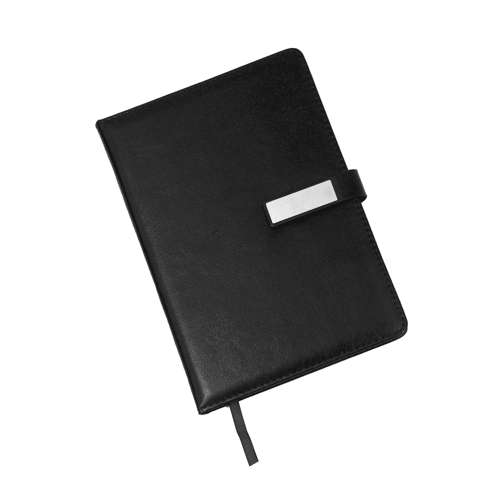 Black leather notebook with strap closure from Corporate Gift Set, ideal for business meetings and daily office use.