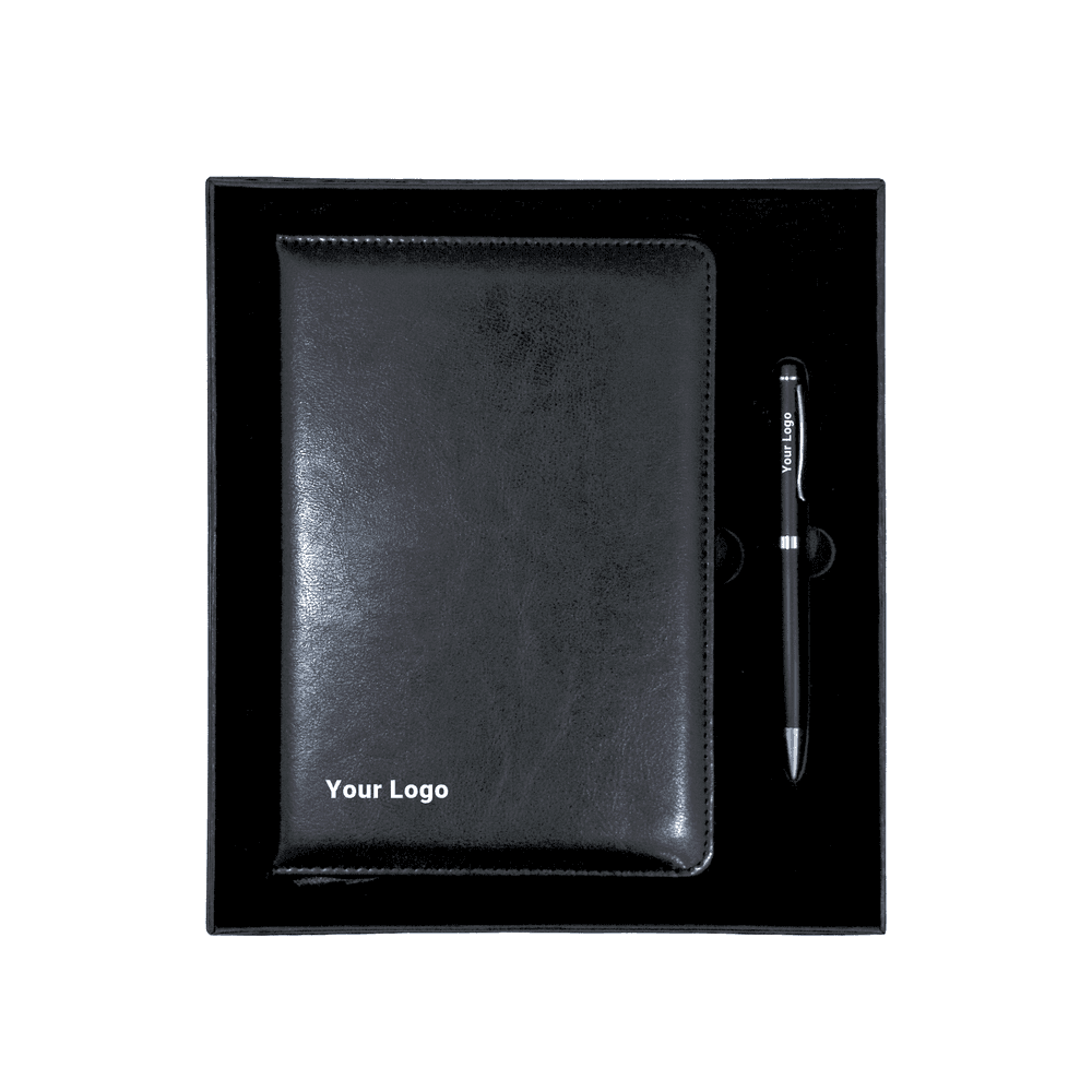 Customizable corporate gift set with logo space on notebook and pen, ideal for branded office giveaways.