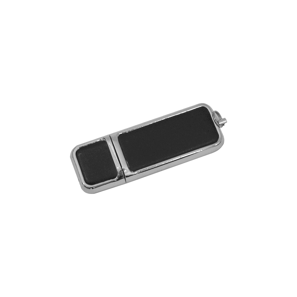 Sleek black and silver USB flash drive with cap, included in the corporate gift set for data storage and branding.