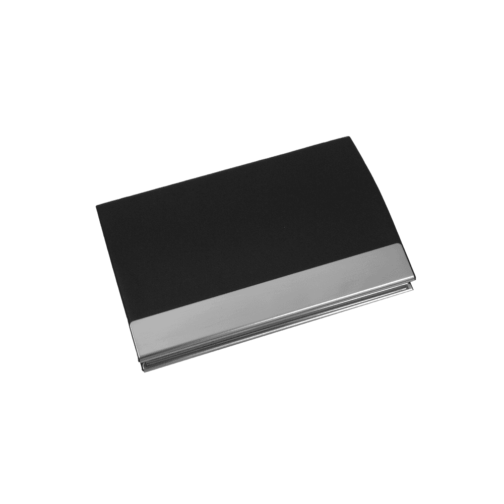 Black and silver card holder from Corporate Gift Set. Modern design ideal for business professionals and gifting purposes.