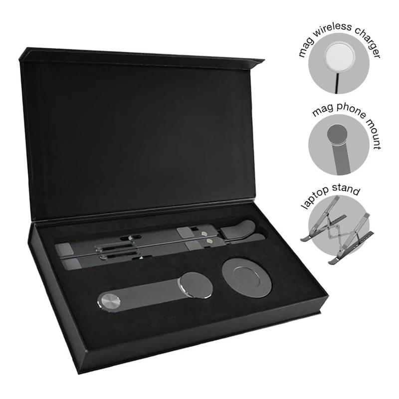 RADLIN laptop stand wireless charger set in black gift box with magnetic phone mount, ideal for compact and efficient tech workspace setups.