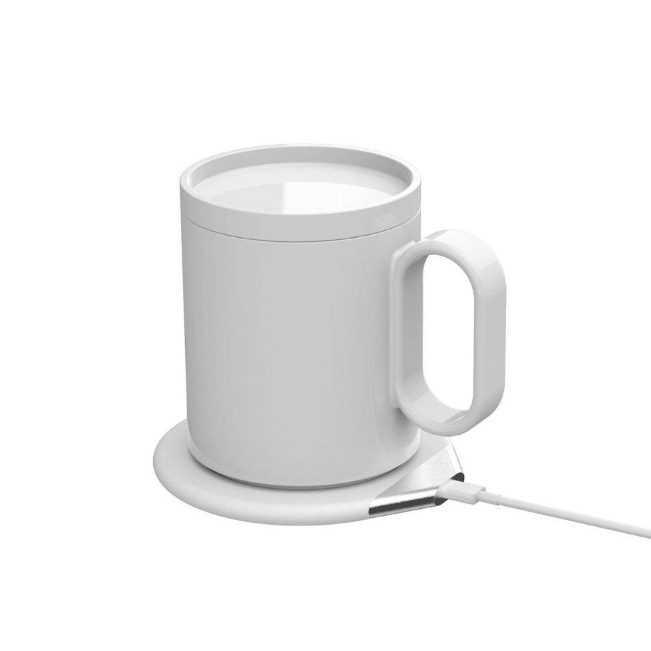 CRIVITS Smart Mug Warmer Charger in white with sleek design, featuring a wireless heating plate and USB cable for home or office use.