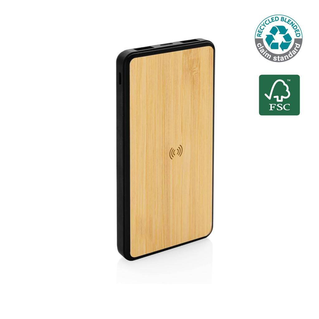 ARLES 10000mAh Powerbank - RCS Recycled Wireless with bamboo finish and FSC certification. Eco-friendly tech gift ideal for travel and daily charging.