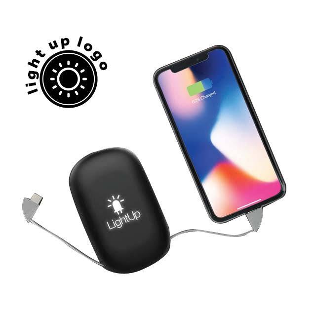 KOVIN - 10000mAh suction power bank with light-up logo charging a smartphone. Compact and portable tech gift for on-the-go power needs.