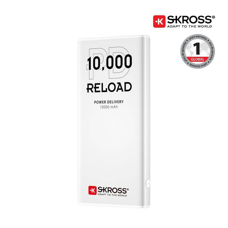 SKROSS Fast Charge Powerbank - 10000mAh in sleek white design with PD10 RELOAD branding, ideal for travel and fast device charging.