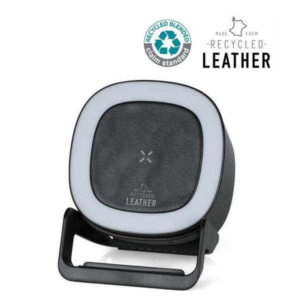 TASOVA @memorii Charger Speaker in black with 15W wireless charging and Bluetooth audio, made from recycled leather for eco-friendly tech gifting.