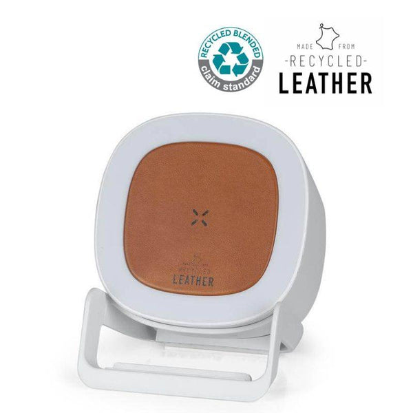 TASOVA Recycled Wireless Charger Speaker in White/Tan with 15W fast charging and Bluetooth audio, featuring eco-friendly recycled leather design.