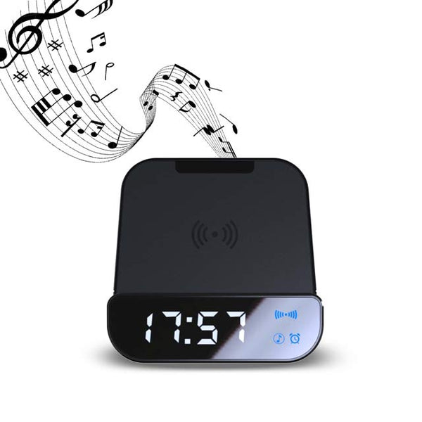 SOMOTO Multi-functional Wireless Speaker - 5-in-1 Charger with digital clock display, wireless charging pad, and music notes symbolizing speaker function. Ideal for tech-savvy home or office setups.