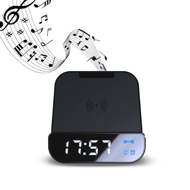 SOMOTO Multi-functional Wireless Speaker - 5-in-1 Charger with digital clock display, wireless charging pad, and music notes symbolizing speaker function. Ideal for tech-savvy home or office setups.