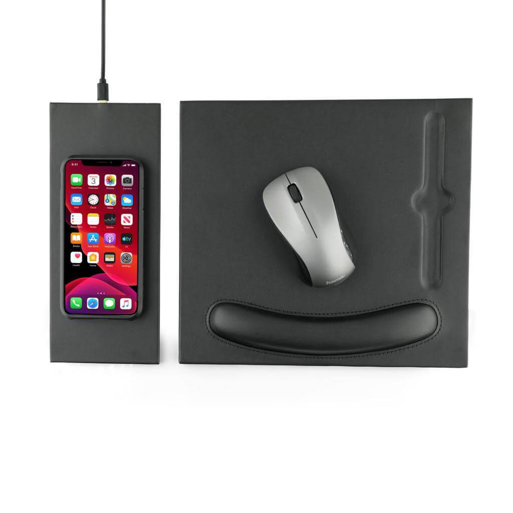 DOBERAN Wireless Charger Mouse Pad in black PU leather with 10W charging dock and ergonomic wrist support, ideal for tech-savvy workspaces.