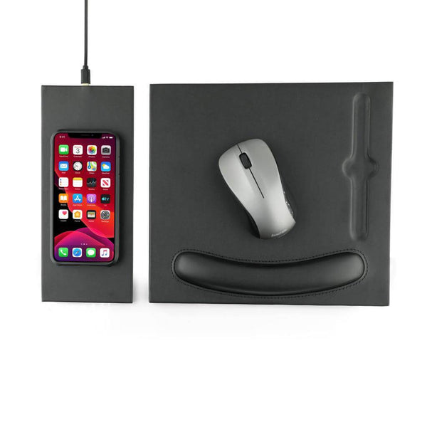 DOBERAN Wireless Charger Mouse Pad in black PU leather with 10W charging dock and ergonomic wrist support, ideal for tech-savvy workspaces.