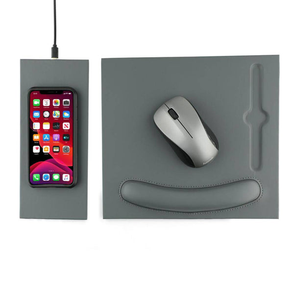 DOBERAN - 10W wireless charging mouse pad in dark grey PU with smartphone charging and ergonomic wrist support. Ideal tech gift for modern workspaces.