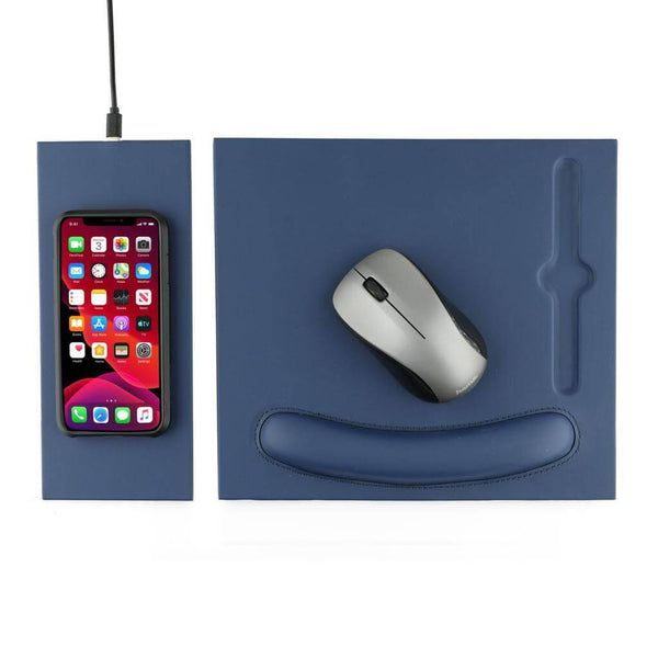 DOBERAN @memorii 10W Mouse Pad in Navy Blue featuring wireless charging pad with smartphone and ergonomic PU surface for mouse use.