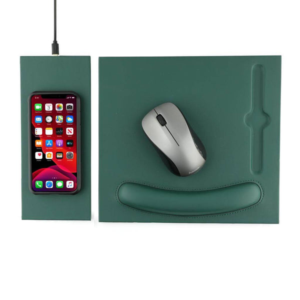 DOBERAN Mouse Pad - Wireless Charger | 10W PU Pad in dark green with built-in phone charging dock and ergonomic wrist support, ideal for tech-savvy desks.