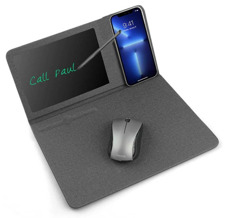 @memorii 10W Charger Mouse Pad - Writeable Surface | Black features a wireless charging pad, writeable memo area, and phone stand for tech-savvy desks.