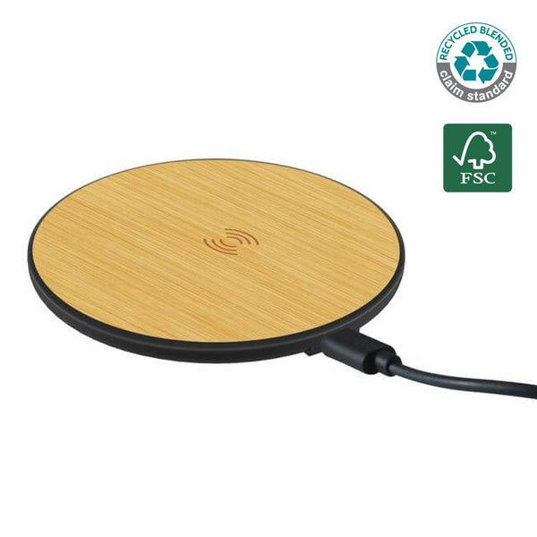 ELSTRA CHANGE RCS Recycled Wireless Charger with bamboo surface and 15W fast charge capability. Eco-friendly tech gift with FSC and RCS certifications.