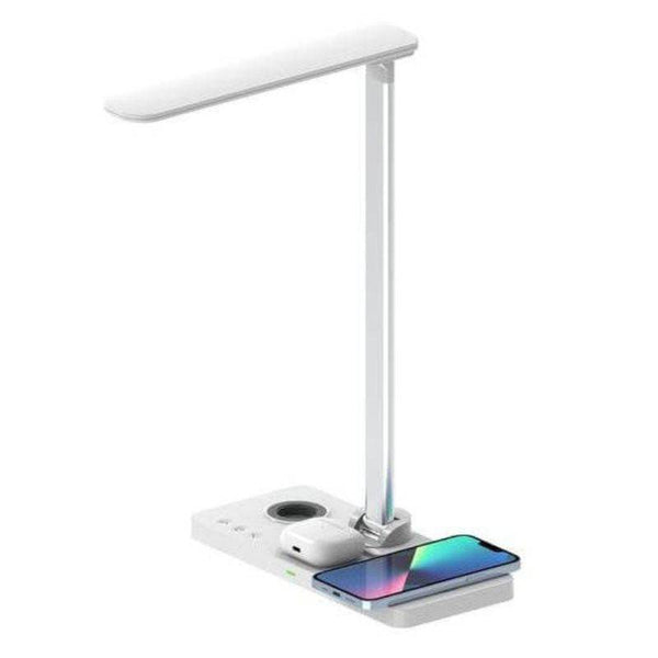 VELES 3 in 1 wireless charger desk lamp in white with phone, smartwatch, and earbuds charging. Sleek tech gift for home or office workspace.