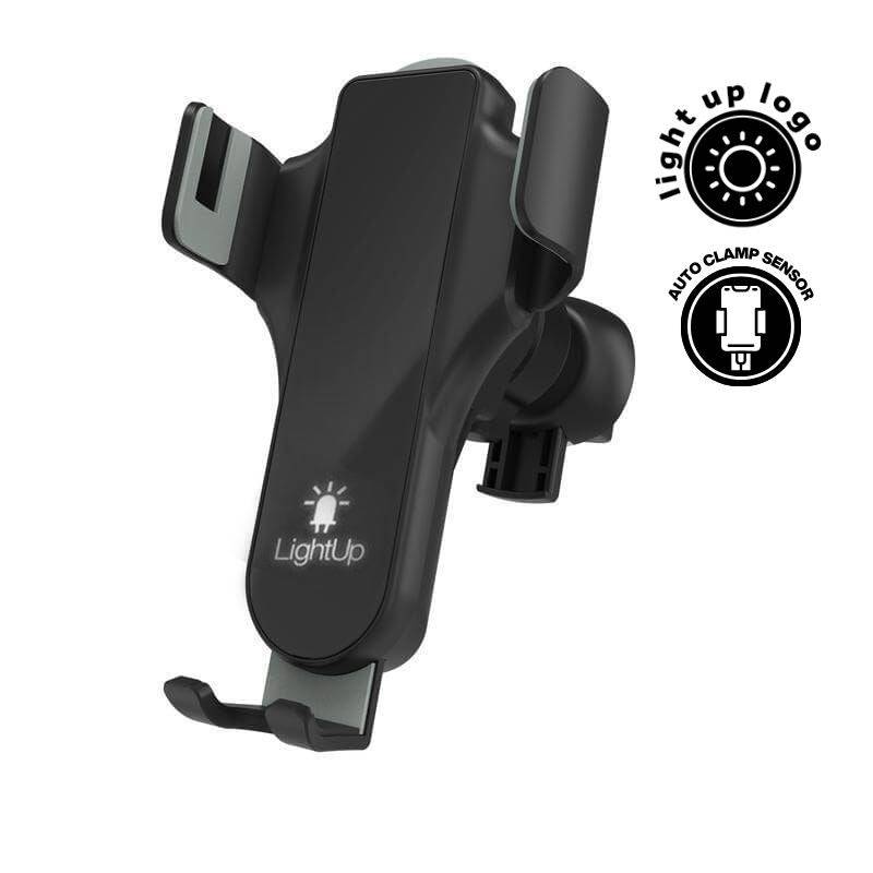 MIO 15W Car Wireless Charger with auto clamp sensor and light-up logo, ideal for fast and secure mobile charging while driving.