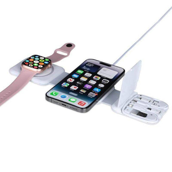 BOLERO Wireless Charger - 2 in 1 with Multi Cable Set in white, charging a smartwatch and smartphone simultaneously. Compact design for tech gifts.