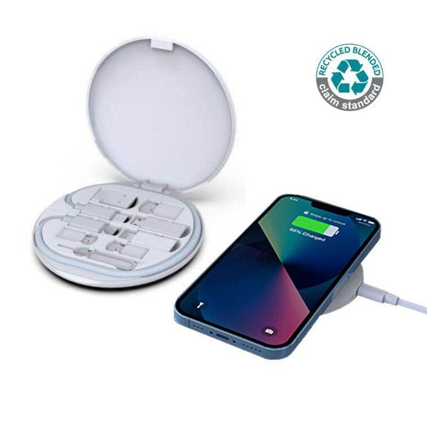 Wireless Charger Set - Recycled | 15W, Multi-Cable in white with round case and smartphone charging, ideal for eco-friendly tech gifts.